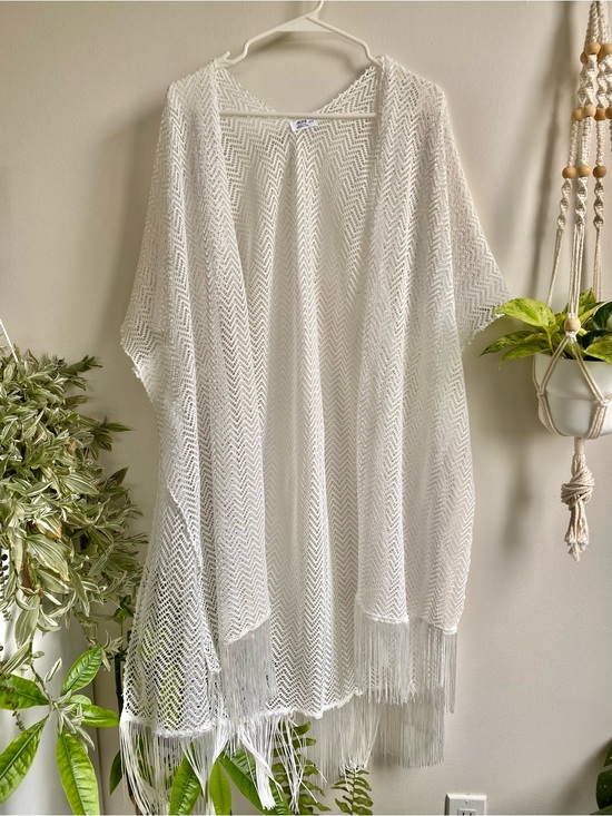Ardene Other - White Crochet Fringe Kimono Cover-Up